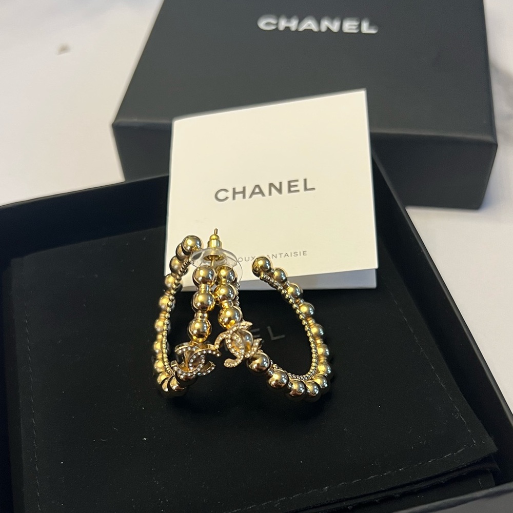 CHANEL 22C Gold CC Crystal Hoop Earrings